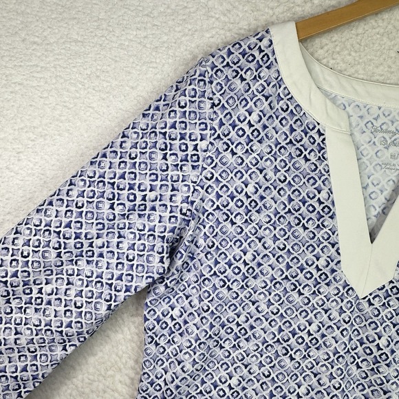 Tommy Bahama IslandZone Womens Tunic Top Blue White Geometric Split Neck M‎ - Picture 6 of 12
